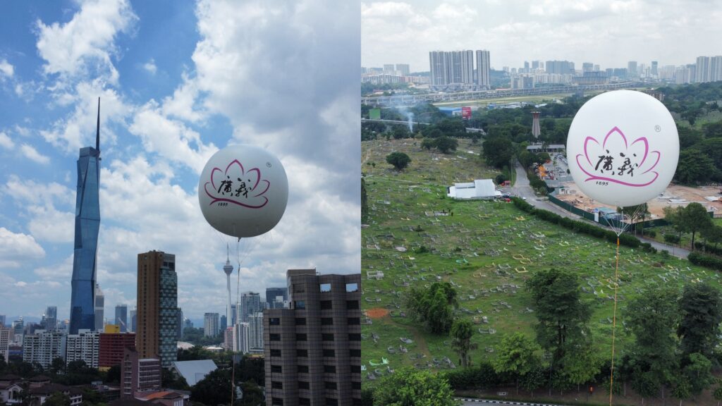 Giant Advertising Balloons rising high at Kwong Tong Cemetery